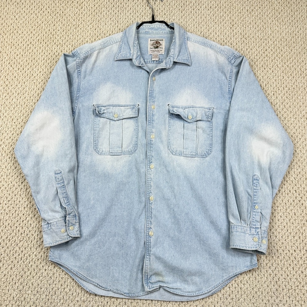 Vtg Banana Republic Adventure Outfitters Denim Shirt Mens L Blue Button Distress